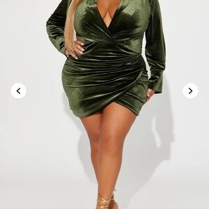 Fashion Nova Olive Velvet Long Sleeve Dress